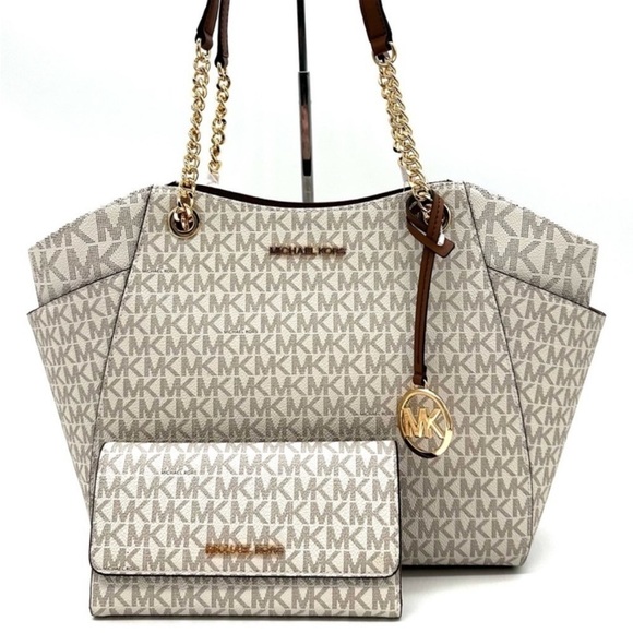 Michael Kors Large Jet Set Travel Chain Shoulder Bag & Trifold Wallet Vanilla - Picture 2 of 14